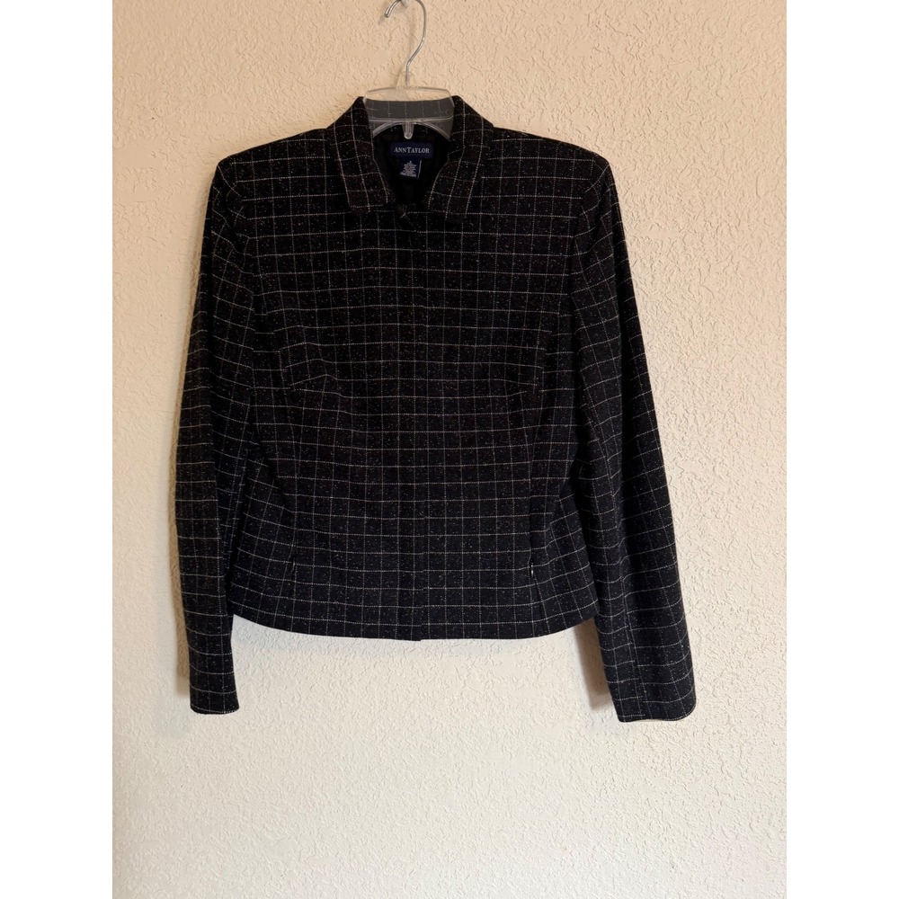Ann Taylor Women‎ 8 Charcoal Windowpane Plaid Wool Silk Blend Blazer Jacket